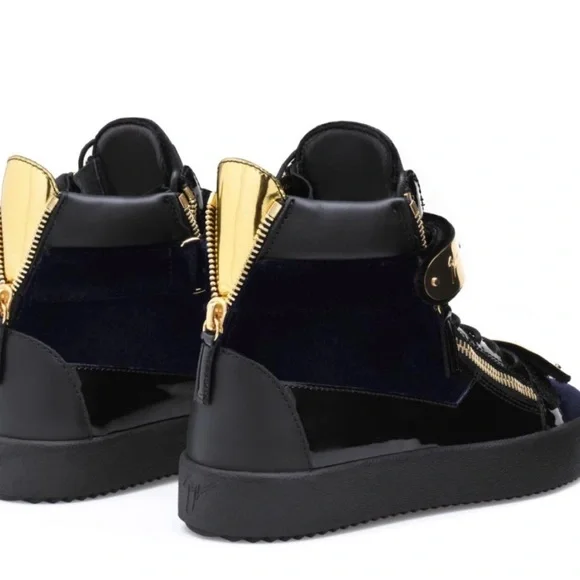 Giuseppe Zanotti Navy Velvet and Gold Sneakers - Picture 3 of 7